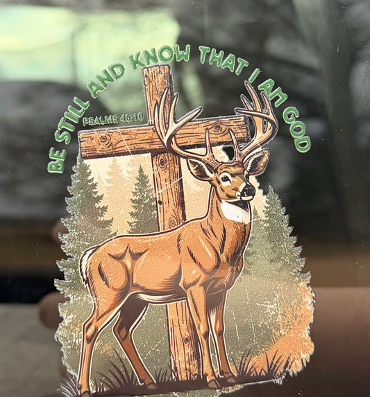 Psalms 46:10 - Deer and Cross - Premium UV DTF Sticker - Waterproof and Durable