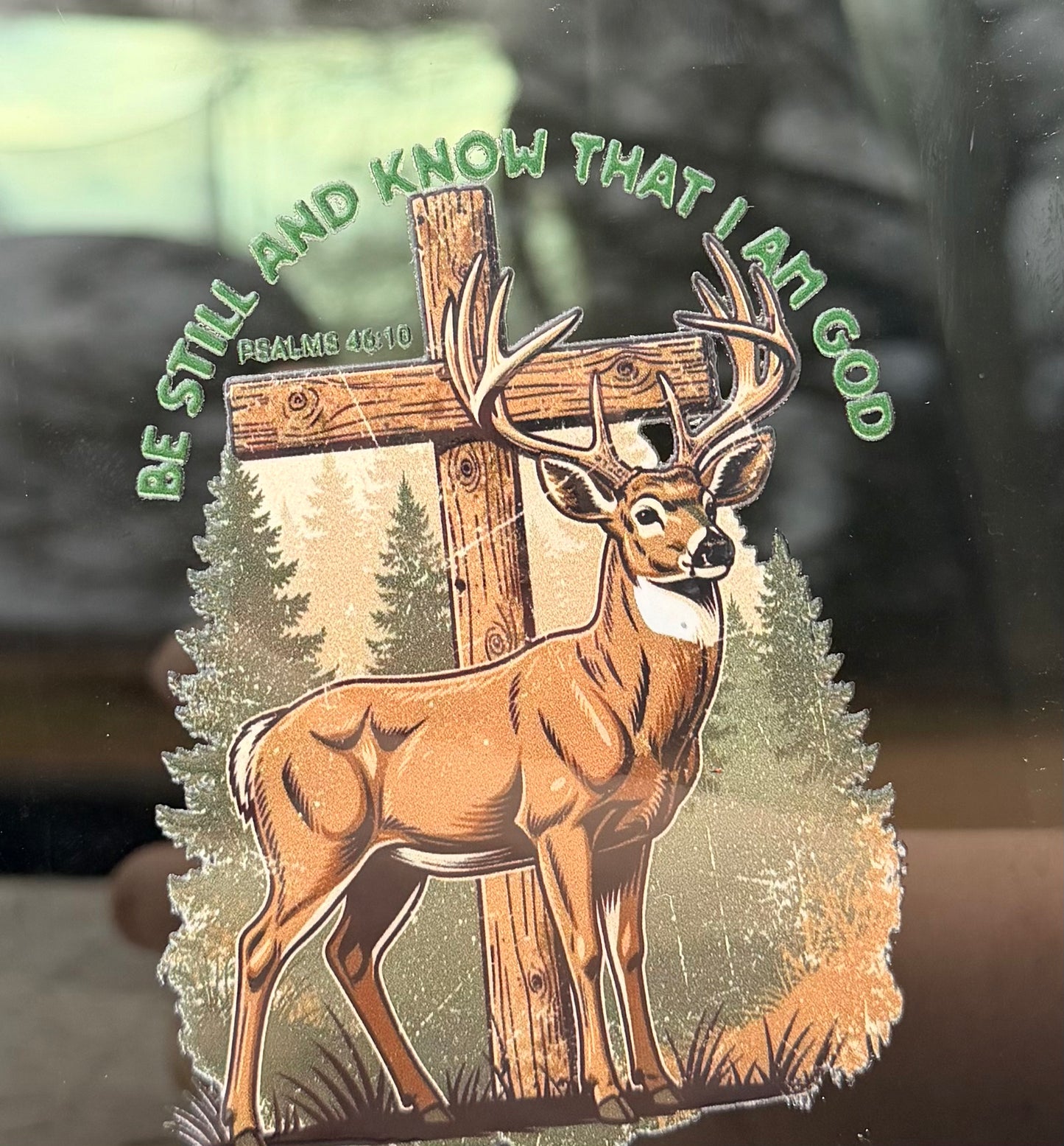 Psalms 46:10 - Deer and Cross - Premium UV DTF Sticker - Waterproof and Durable