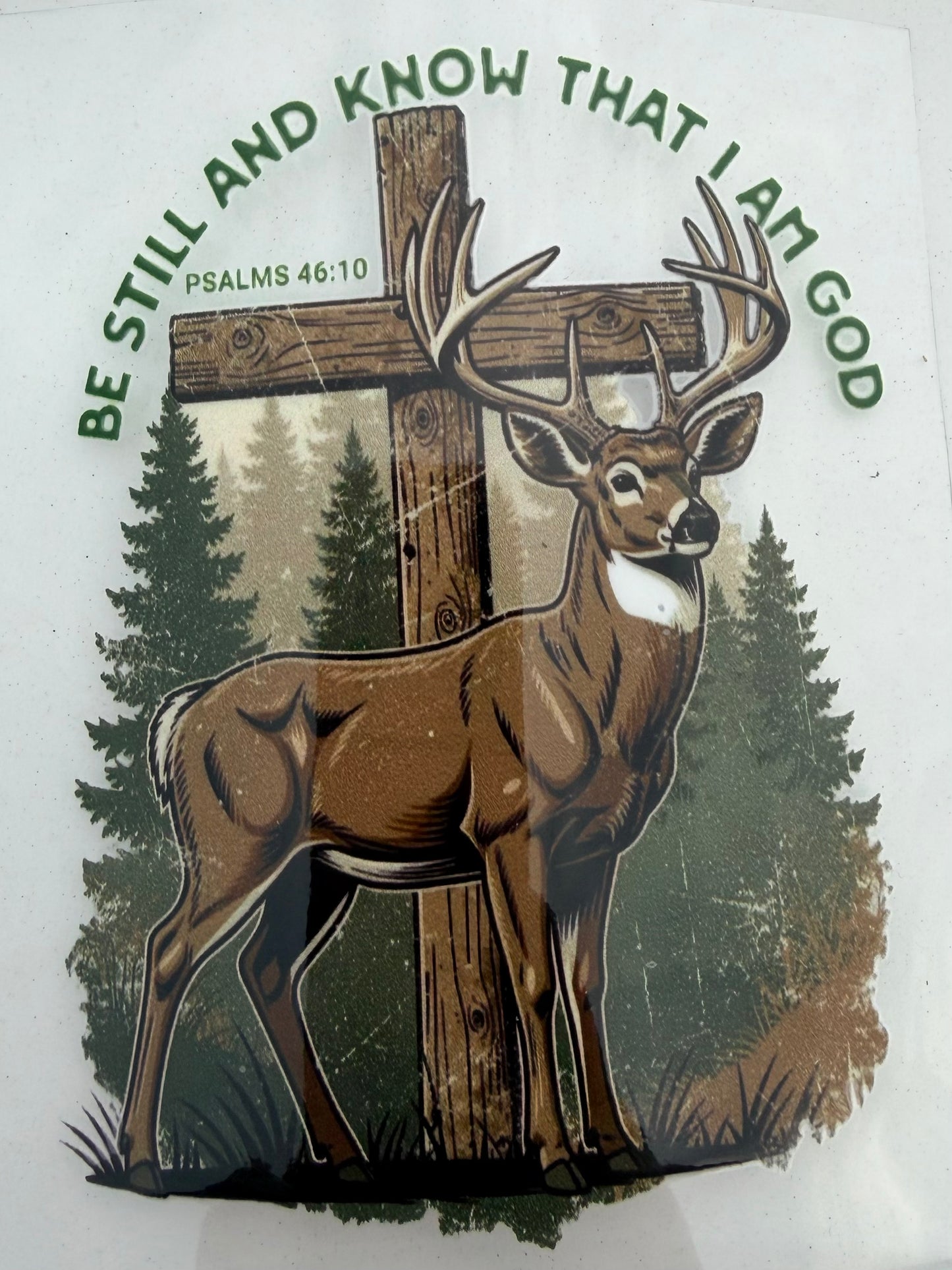 Psalms 46:10 - Deer and Cross - Premium UV DTF Sticker - Waterproof and Durable