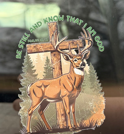Psalms 46:10 - Deer and Cross - Premium UV DTF Sticker - Waterproof and Durable